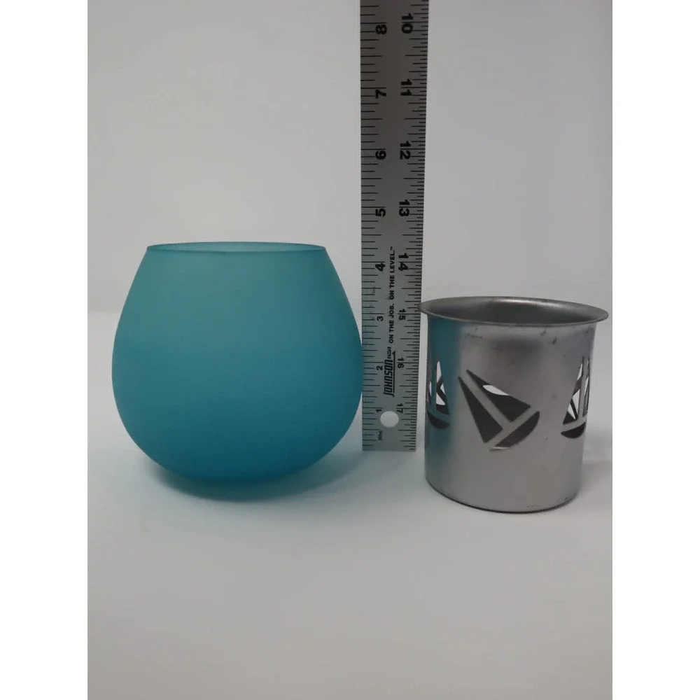 Teal Candleholder Glass 3.5in Sailboat Nautical Frosted Votive Cup Sea Bathroom
